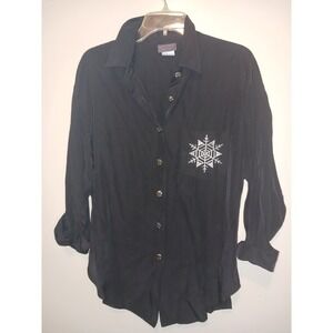 Tina Barrie Long Sleeve Black Button‎ Down Blouse Top Shirt Snowflake Pocket 14